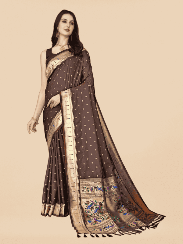 Soft Pethani silk saree with golden zari weaving, motifs, and designer silk blouse piece, perfect for traditional and festive wear.