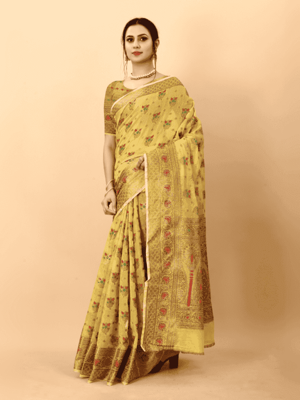 Soft cotton silk saree with golden zari woven pallu, detailed motifs, and a designer silk weaving blouse piece.