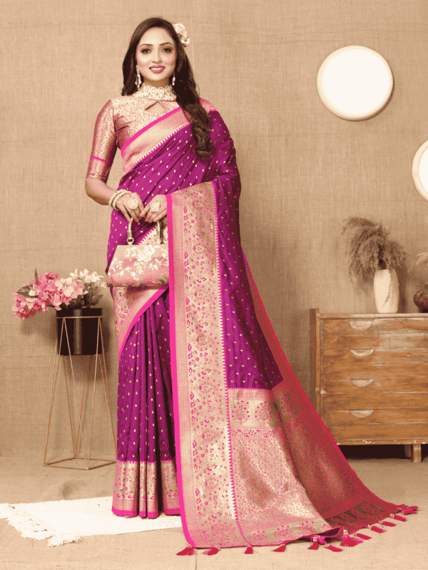 Elegant soft silk saree with detailed zari weaving, contrast pallu border, tassels at the end, and a brocade silk blouse piece, perfect for special occasions.