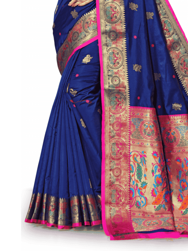 Soft Pethani silk saree with golden zari woven pallu, intricate motifs, and a brocade silk contrast blouse piece.