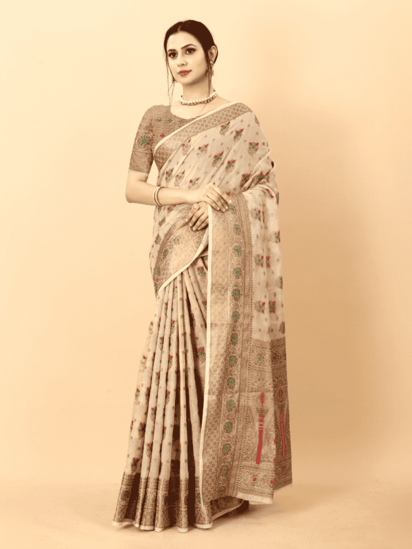 Soft cotton silk saree with golden zari woven pallu, detailed motifs, and a designer silk weaving blouse piece.