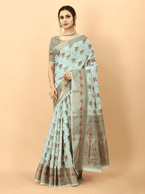 Soft cotton silk saree with golden zari woven pallu, detailed motifs, and a designer silk weaving blouse piece.