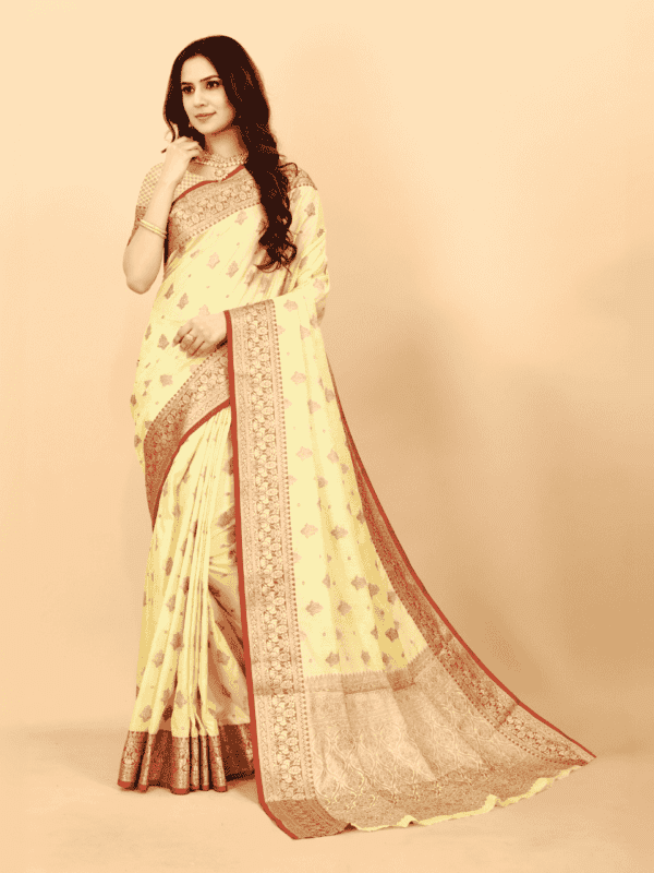 Soft magic slub silk saree with golden zari woven pallu, intricate motifs, and a designer silk weaving blouse piece.