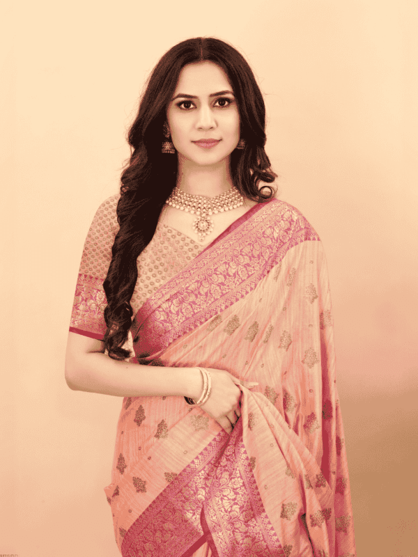 Soft magic slub silk saree with golden zari woven pallu, intricate motifs, and a designer silk weaving blouse piece.