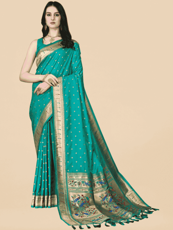 Soft Pethani silk saree with golden zari weaving, motifs, and designer silk blouse piece, perfect for traditional and festive wear.