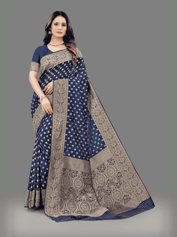 Soft Lichi silk saree with golden zari weaving, intricate motifs, and designer silk blouse piece, perfect for traditional wear.