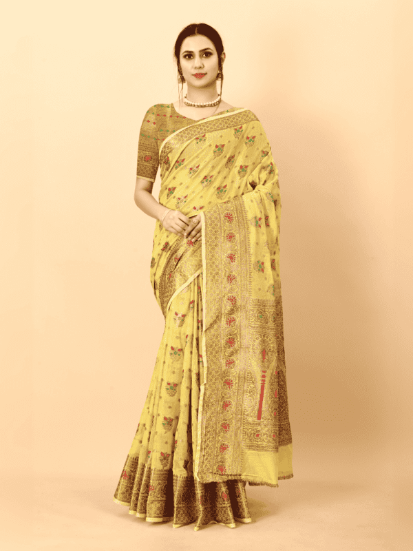 Soft cotton silk saree with golden zari woven pallu, detailed motifs, and a designer silk weaving blouse piece.