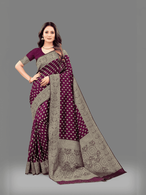 Soft Lichi silk saree with golden zari weaving, intricate motifs, and designer silk blouse piece, perfect for traditional wear.