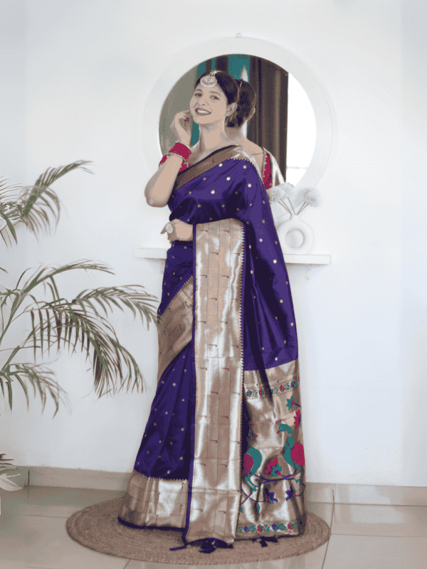 Soft Paithani silk saree with Meenakari zari weaving, tassels on the pallu, and designer silk blouse piece, ideal for festive traditional wear.