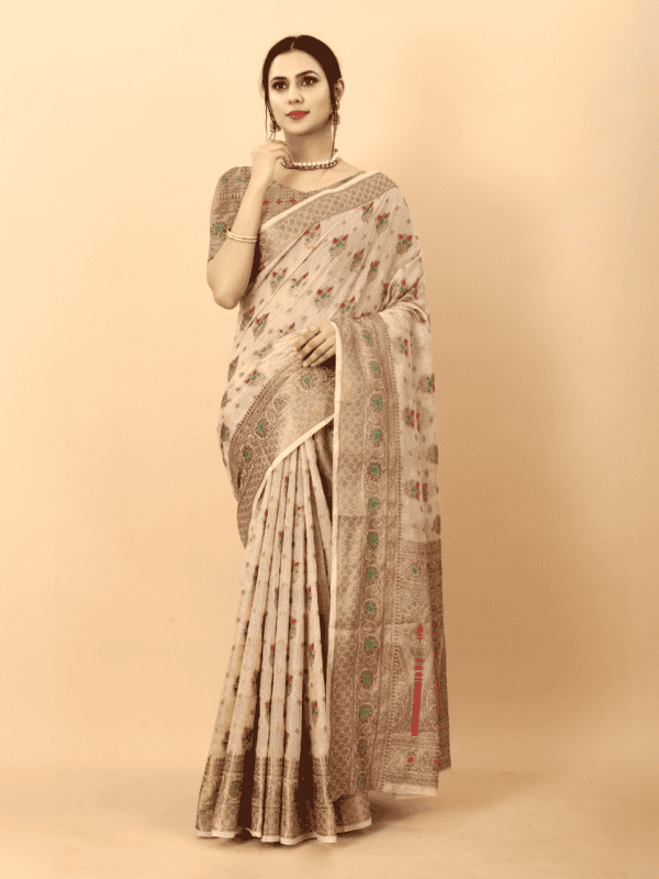 Soft cotton silk saree with golden zari woven pallu, detailed motifs, and a designer silk weaving blouse piece.