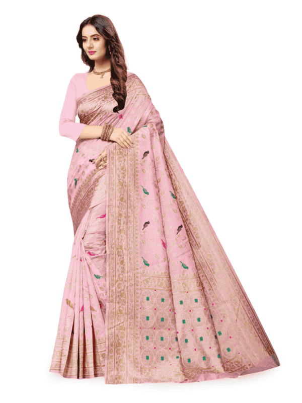 Soft Lichi silk saree features a golden zari woven pallu and border with beautiful motifs, complemented by a designer brocade silk blouse piece.