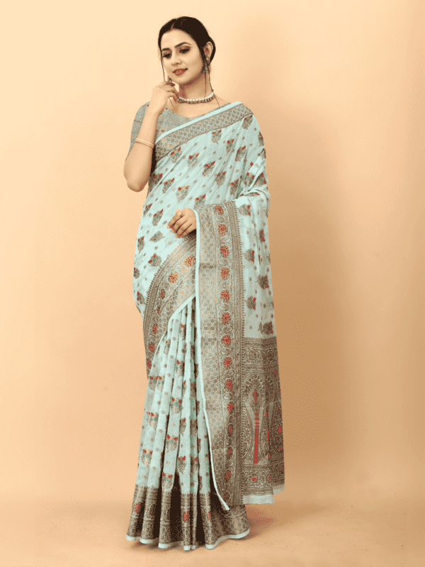 Soft cotton silk saree with golden zari woven pallu, detailed motifs, and a designer silk weaving blouse piece.