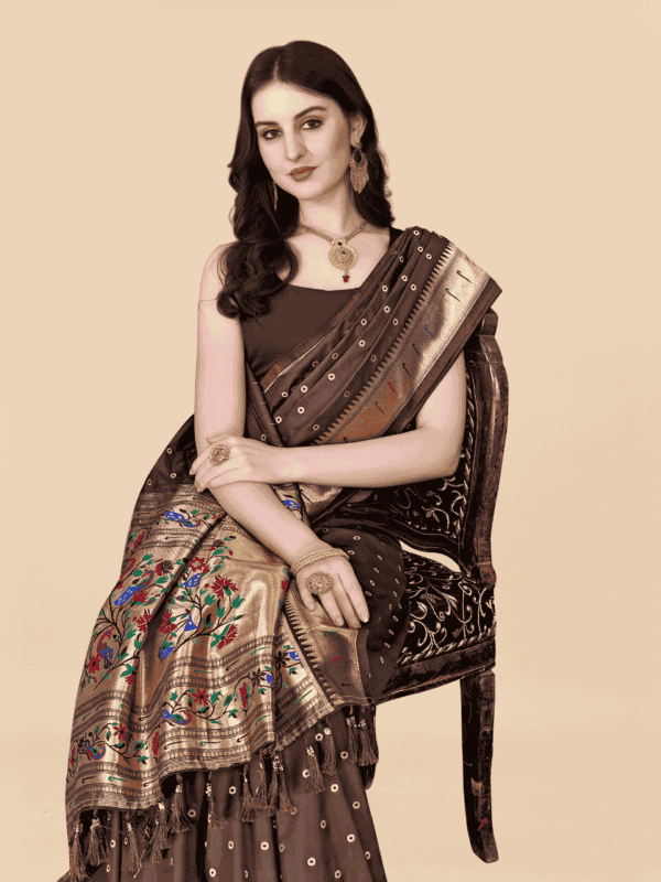 Soft Pethani silk saree with golden zari weaving, motifs, and designer silk blouse piece, perfect for traditional and festive wear.