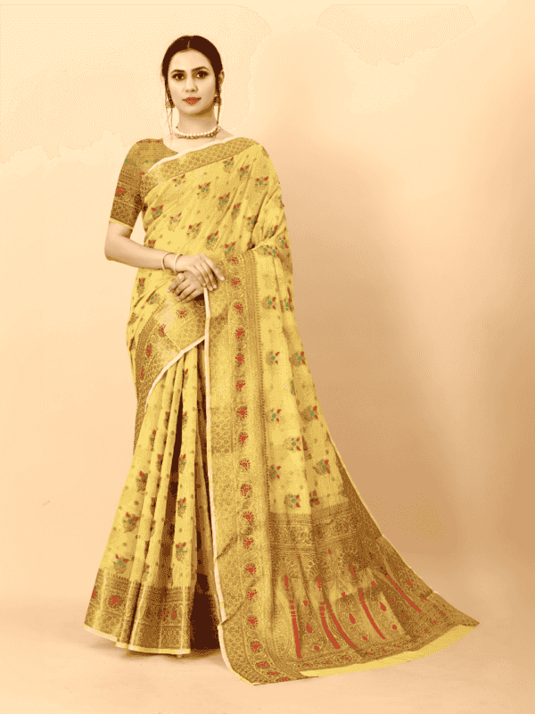 Soft cotton silk saree with golden zari woven pallu, detailed motifs, and a designer silk weaving blouse piece.