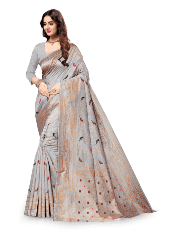 Soft Lichi silk saree features a golden zari woven pallu and border with beautiful motifs, complemented by a designer brocade silk blouse piece.