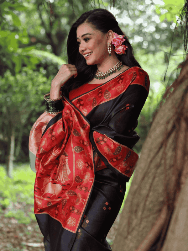 Soft Tussar Silk Saree adorned with elegant peacock prints, a traditional printed pallu, a contrast border, and a complementing contrast blouse piece.