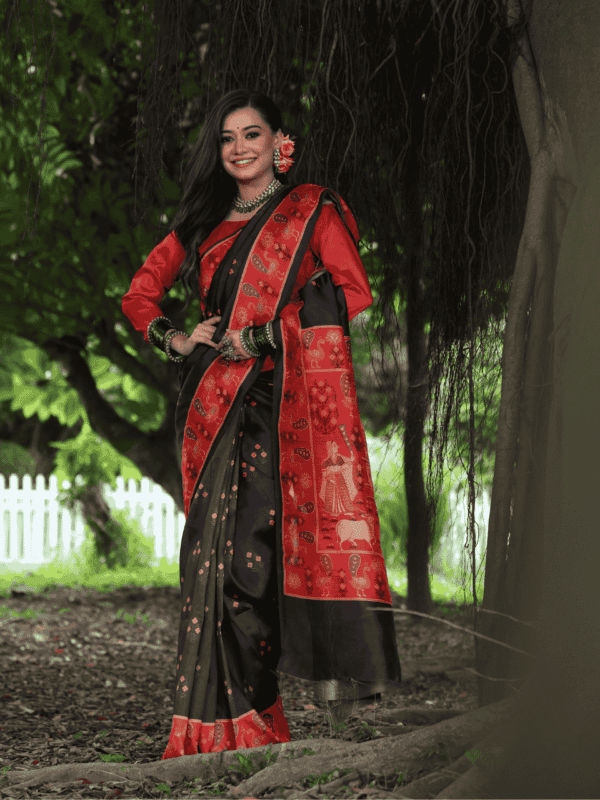 Soft Tussar Silk Saree adorned with elegant peacock prints, a traditional printed pallu, a contrast border, and a complementing contrast blouse piece.