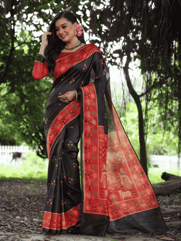 Soft Tussar Silk Saree adorned with elegant peacock prints, a traditional printed pallu, a contrast border, and a complementing contrast blouse piece.