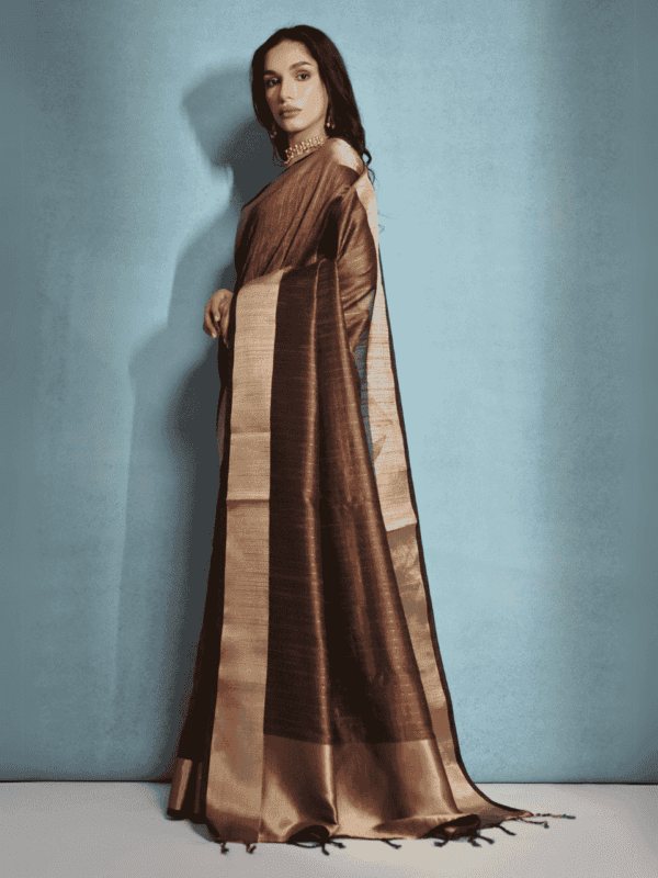 A soft Banarasi raw silk saree adorned with an elegant zari lining pattern, premium weaving, a zari border, and a beautifully designed zari pallu. Comes with a matching blouse piece.