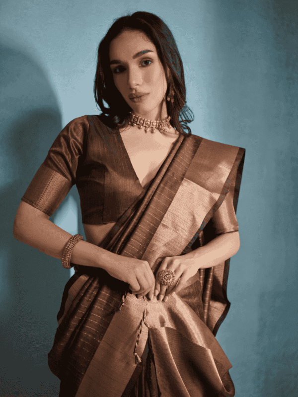 A soft Banarasi raw silk saree adorned with an elegant zari lining pattern, premium weaving, a zari border, and a beautifully designed zari pallu. Comes with a matching blouse piece.