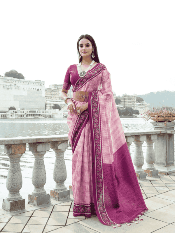 Soft silk saree with a floral-printed contrast border, an intricately woven zari pallu, and an elegant all-over zari weaving pattern, paired with a matching contrast blouse.