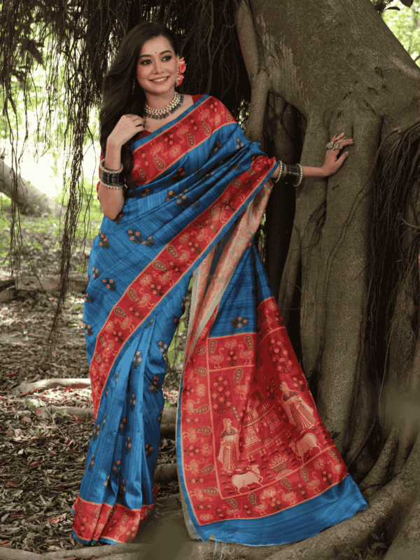 Soft Tussar Silk Saree adorned with elegant peacock prints, a traditional printed pallu, a contrast border, and a complementing contrast blouse piece.