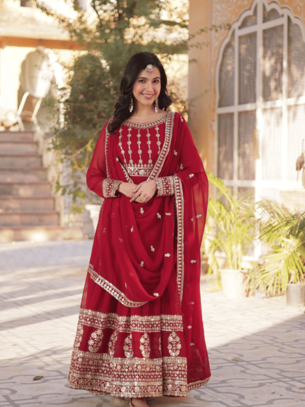 Elegant embroidered faux blooming gown with sequins work and designer dupatta