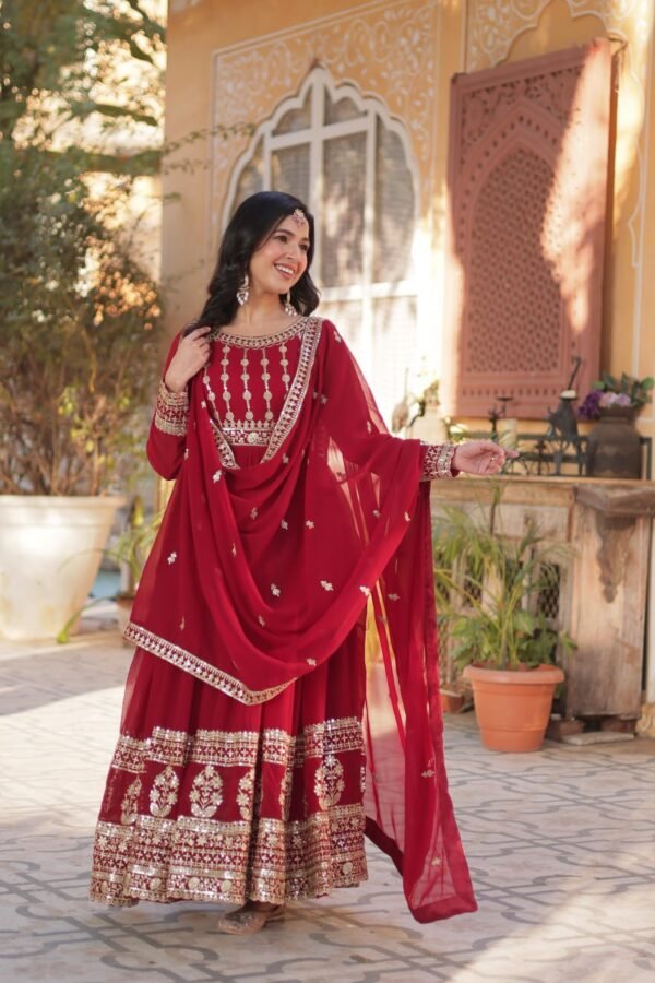 Elegant embroidered faux blooming gown with sequins work and designer dupatta