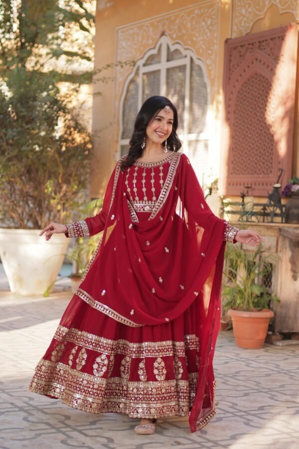 Elegant embroidered faux blooming gown with sequins work and designer dupatta