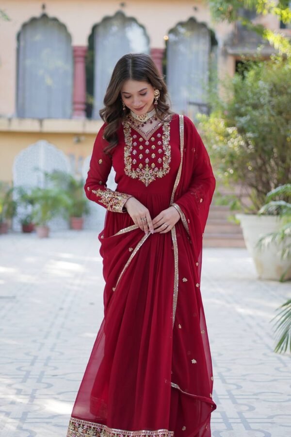 An elegant faux blooming georgette gown with rich sequins embroidery, full sleeves, a fancy V-neck, and a beautifully embroidered lace dupatta. Available in Maroon and Pink.