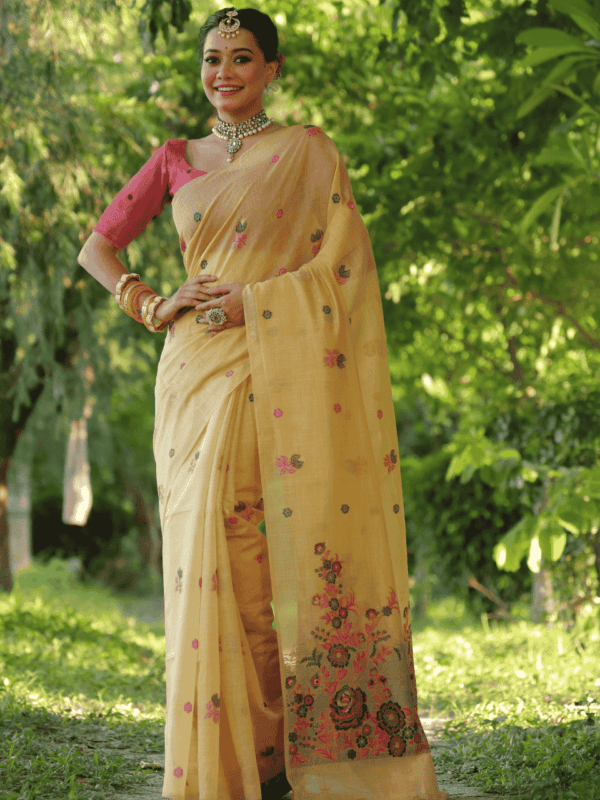 Luxurious cotton saree with intricate floral weaving, vibrant resham pallu, stylish tassels, and a complementing contrast blouse piece.