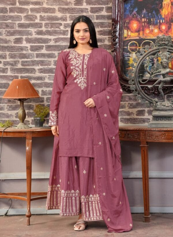 This is a new designer Chinon suit with sequence embroidery work, featuring a stylish top, sharara with elastic, and an elegant dupatta.