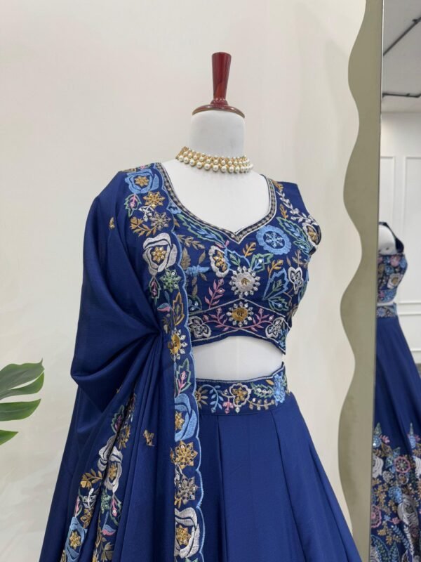 Heavy chinon silk lehenga set with thread and sequin work, 4-meter flair, and cutwork border dupatta.