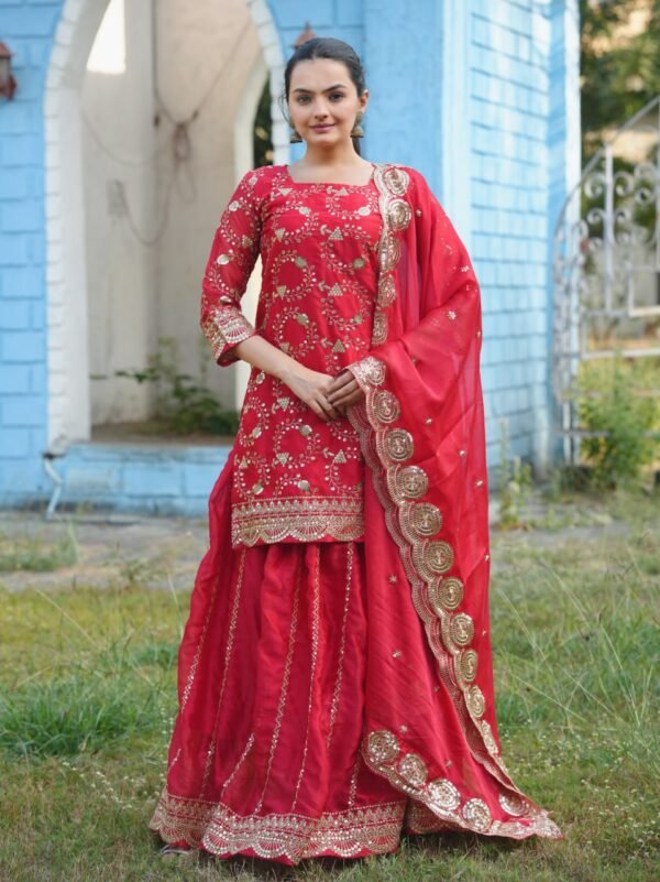 Designer embroidered Rangoli silk lehenga suit with sequins work. Comes with a micro inner lining, a fully stitched elastic lehenga, and a 2.2-meter dupatta.