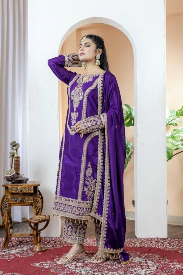 A stylish Chinon Silk party wear set featuring a fully stitched top, plazzo, and dupatta with intricate embroidery, 3mm sequin, and coding dori work.