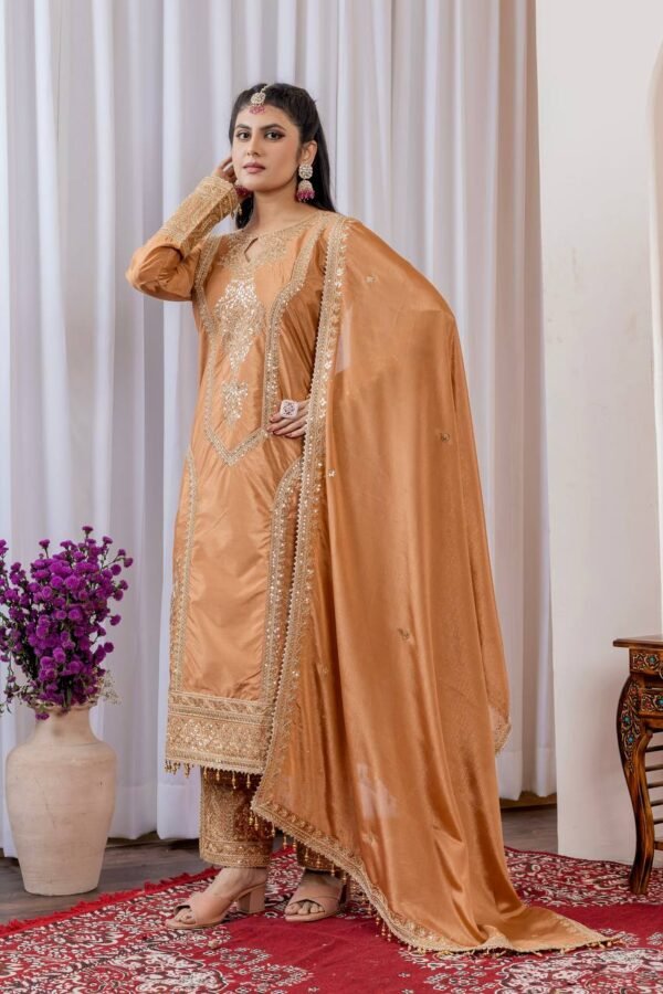 Designer Party Wear Chinon Silk Top, Plazzo & Dupatta Set – Fully Stitched - Beige Color