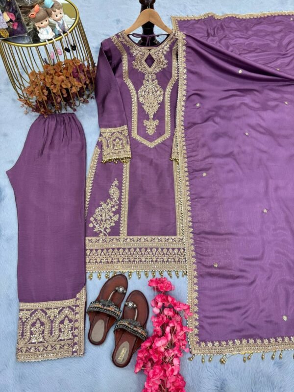 Designer Party Wear Chinon Silk Top, Plazzo & Dupatta Set – Fully Stitched - Light Purple