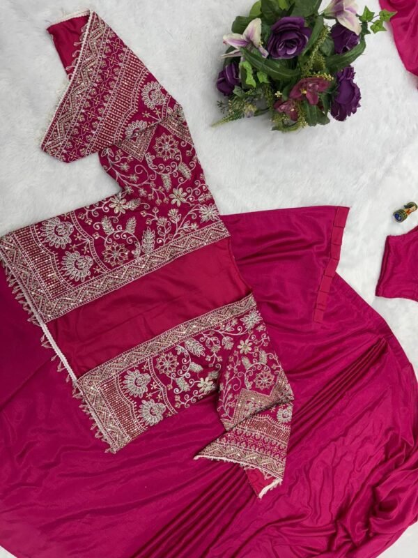 A beautifully designed Chinon ready-to-wear saree with a matching fully stitched blouse and an embroidered Koti featuring fancy lace detailing. Lightweight and elegant.