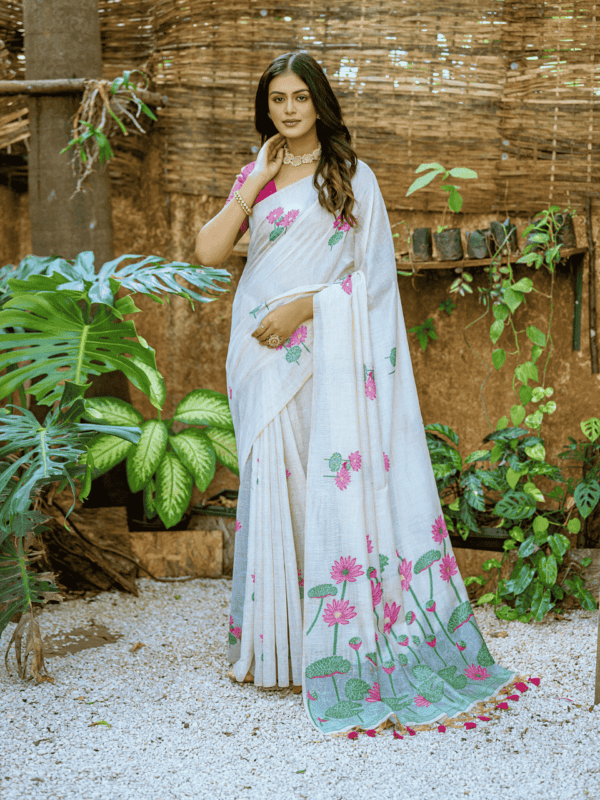 Exquisite soft silk saree with detailed floral weaving, a traditional Pichwai-style pallu, elegant tassels, and a stylish contrast blouse piece.