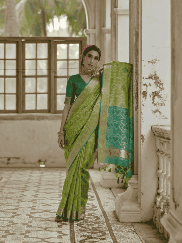 A beautifully woven Soft Desi Raw Silk saree with Pochampally Ikkat design, resham jal weaving, a zari border, and a classic traditional pallu with fancy tassels. Includes a contrast blouse piece.