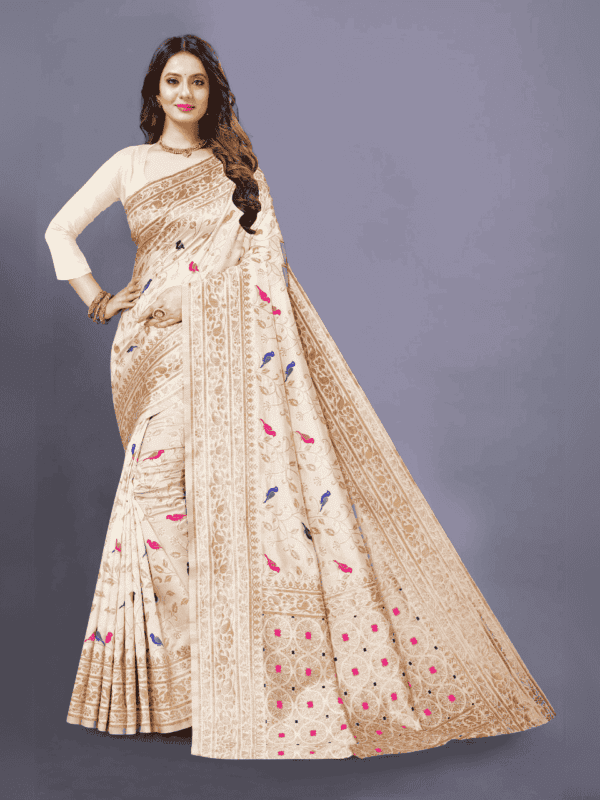 Soft Lichi silk saree features a golden zari woven pallu and border with beautiful motifs, complemented by a designer brocade silk blouse piece.