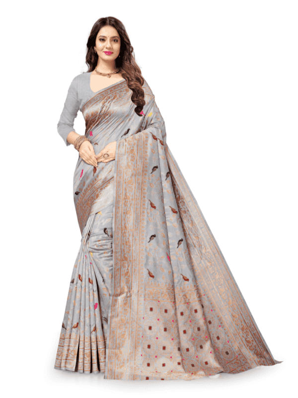 Soft Lichi silk saree features a golden zari woven pallu and border with beautiful motifs, complemented by a designer brocade silk blouse piece.