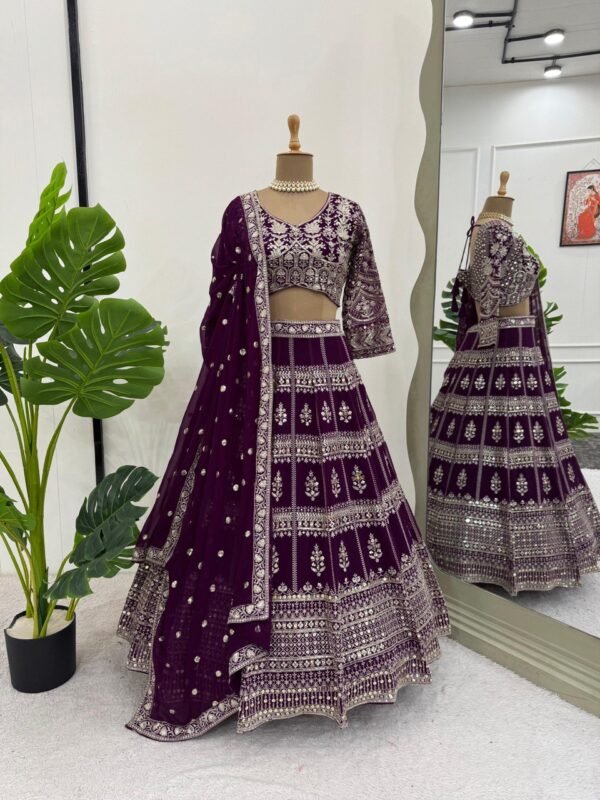 Faux georgette lehenga set with 9mm sequin embroidery, 3.8-meter flair, and four-side work border dupatta.