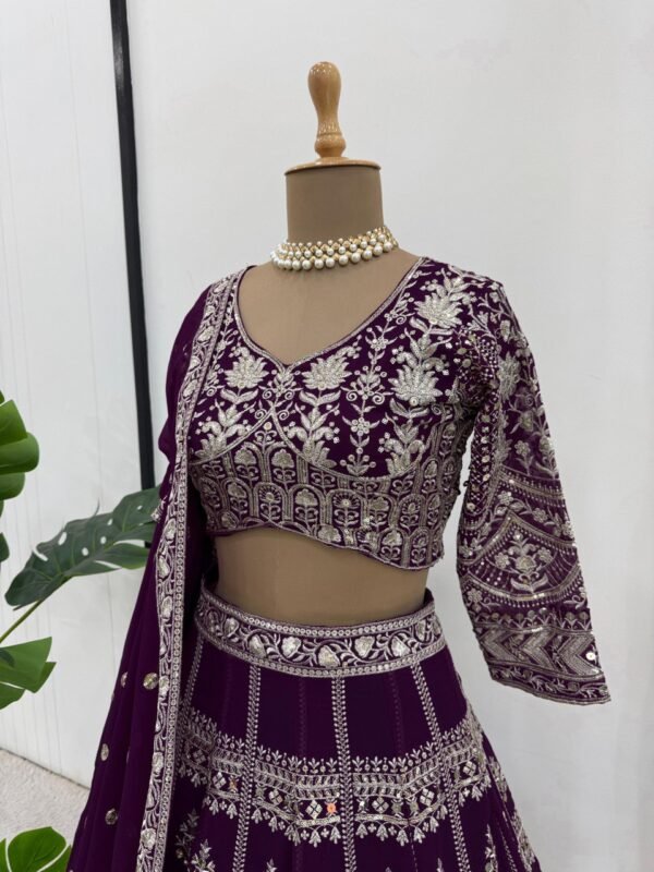 Faux georgette lehenga set with 9mm sequin embroidery, 3.8-meter flair, and four-side work border dupatta.