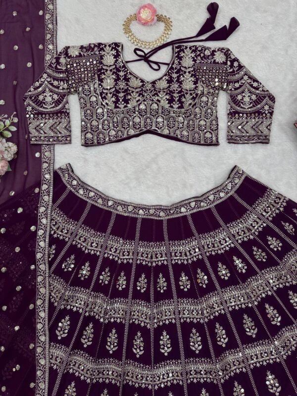 Faux georgette lehenga set with 9mm sequin embroidery, 3.8-meter flair, and four-side work border dupatta.