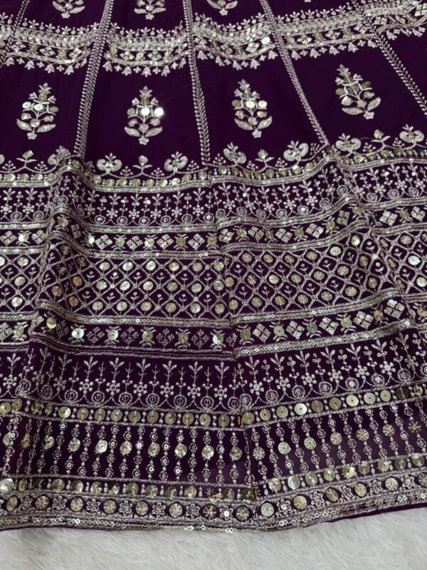 Faux georgette lehenga set with 9mm sequin embroidery, 3.8-meter flair, and four-side work border dupatta.