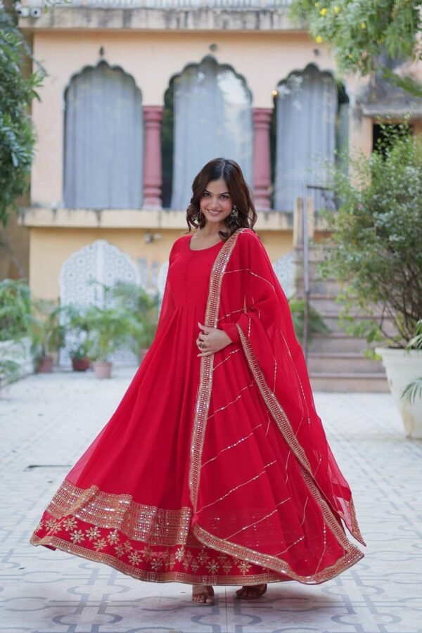 An elegant faux blooming gown with multi-sequins embroidery, full sleeves, a round neck, and a beautifully embroidered faux blooming dupatta. Available in Red, Rama, and Wine.