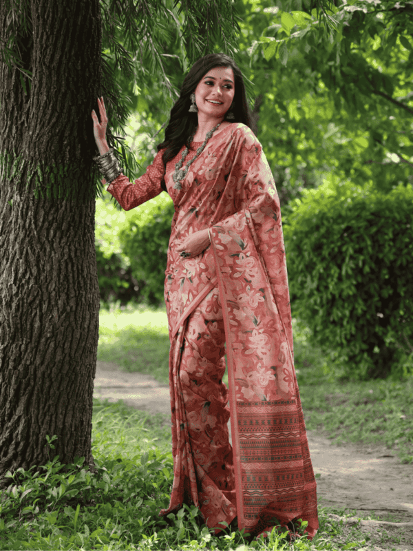 Soft Desi Tussar Silk Saree with a hand-printed pattern, a delicate zari border, a printed pallu with tassels, and a complementing running blouse piece.