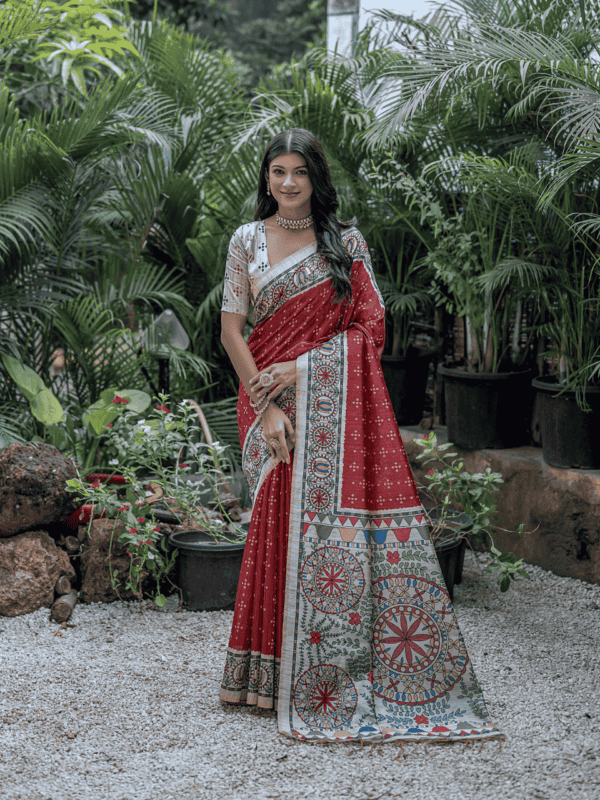 A soft Tussar silk saree adorned with an intricate Madhubani print on the pallu and border, paired with a Bandhani-printed body. Comes with a contrast blouse piece.