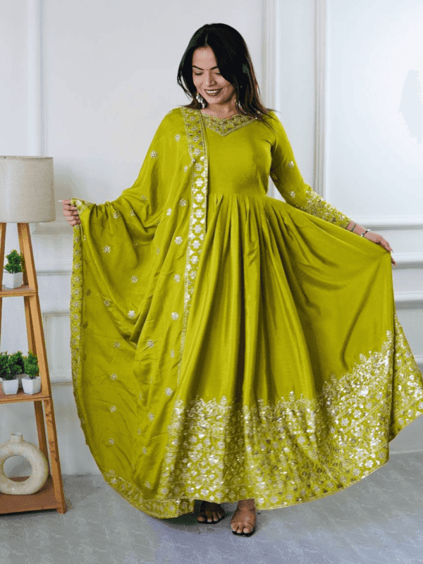 Elegant Real Modeling gown-pant set made from pure cinon silk with intricate 5mm sequence embroidery, complemented by a stylish dupatta with embroidery, perfect for celebrations.